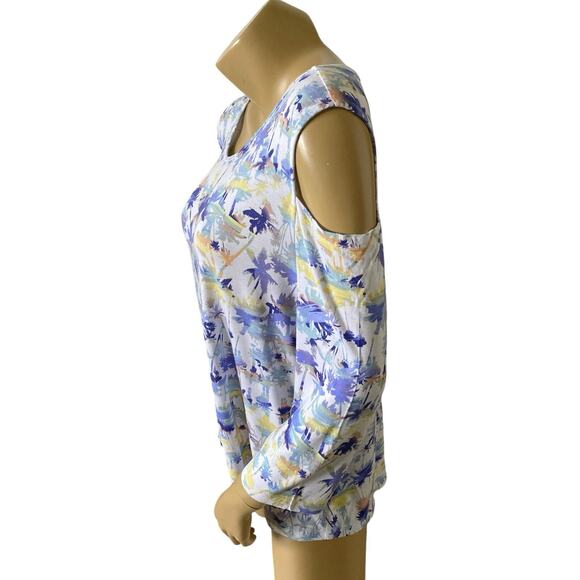 PALM GROVE Womens Size Large Tropical Palm Tree 3/4 Sleeve Cold Shoulder Shirt - Picture 2 of 6